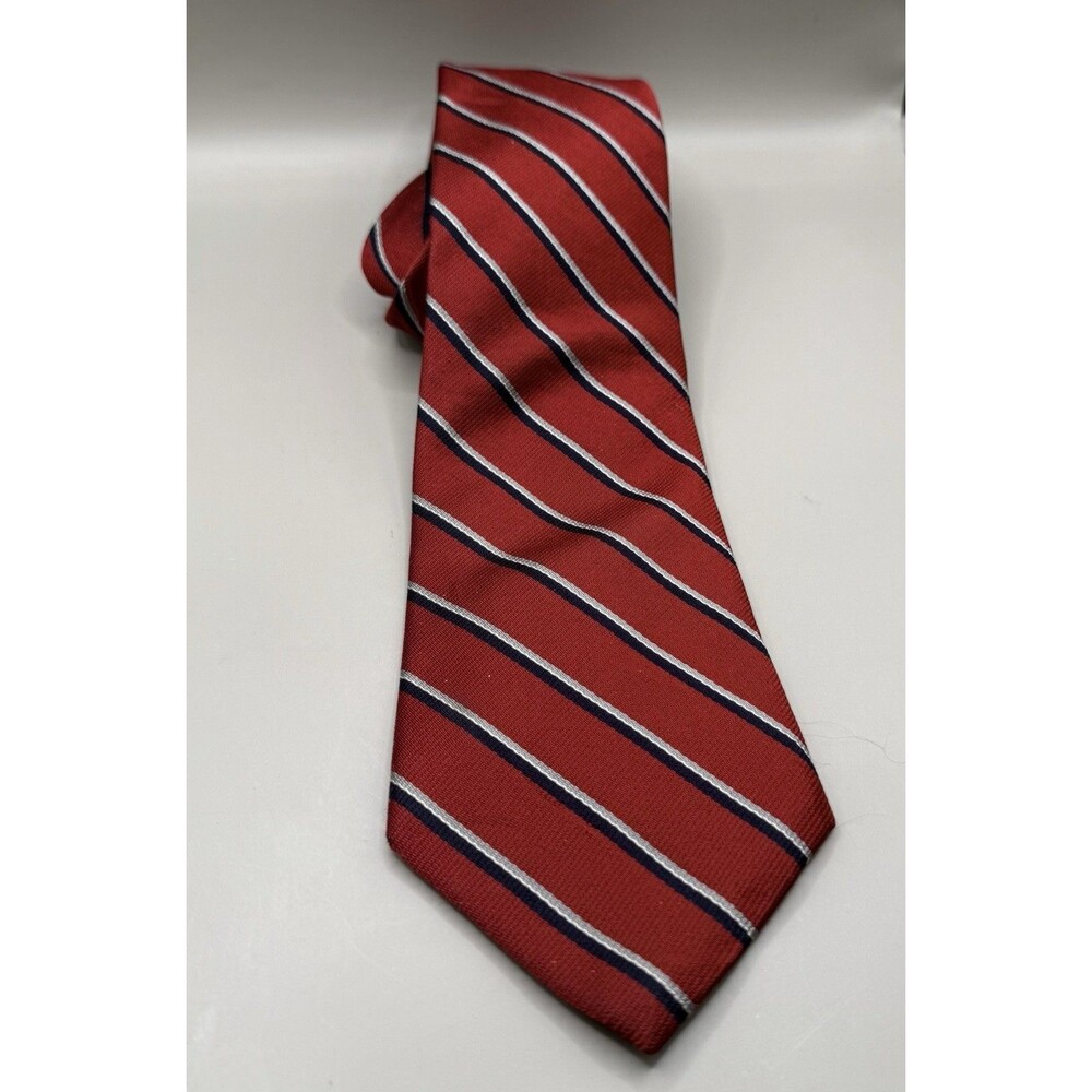 M. Sussex LTD. London Tie 100% All Silk Red Navy Sliver Stripe Preowned
